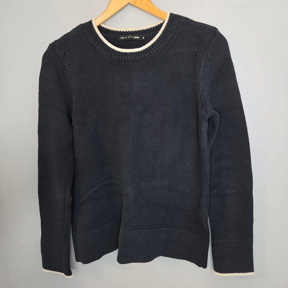 Rag & Bone JEAN Black Shaker Knit Crewneck Sweater Contrast Trim Size S